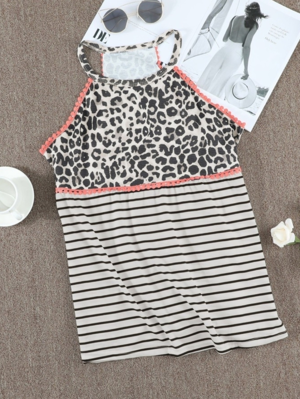 NEW WITH TAGS Large White Black Coral Leopard & Striped Tank